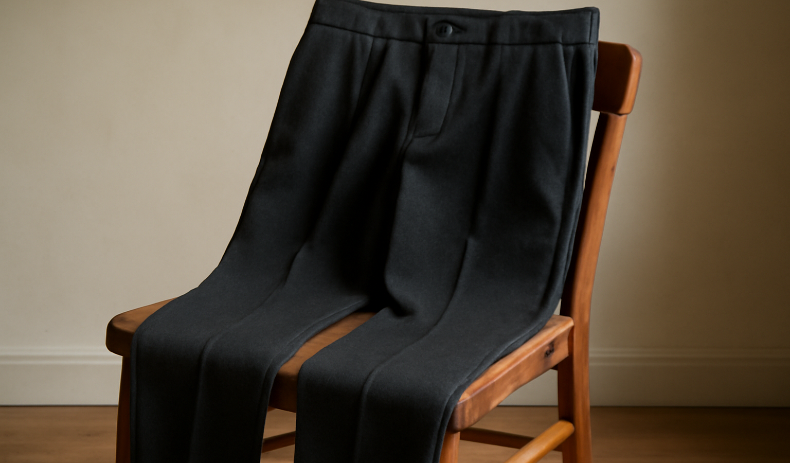pantalon sombre posé sur une chaise