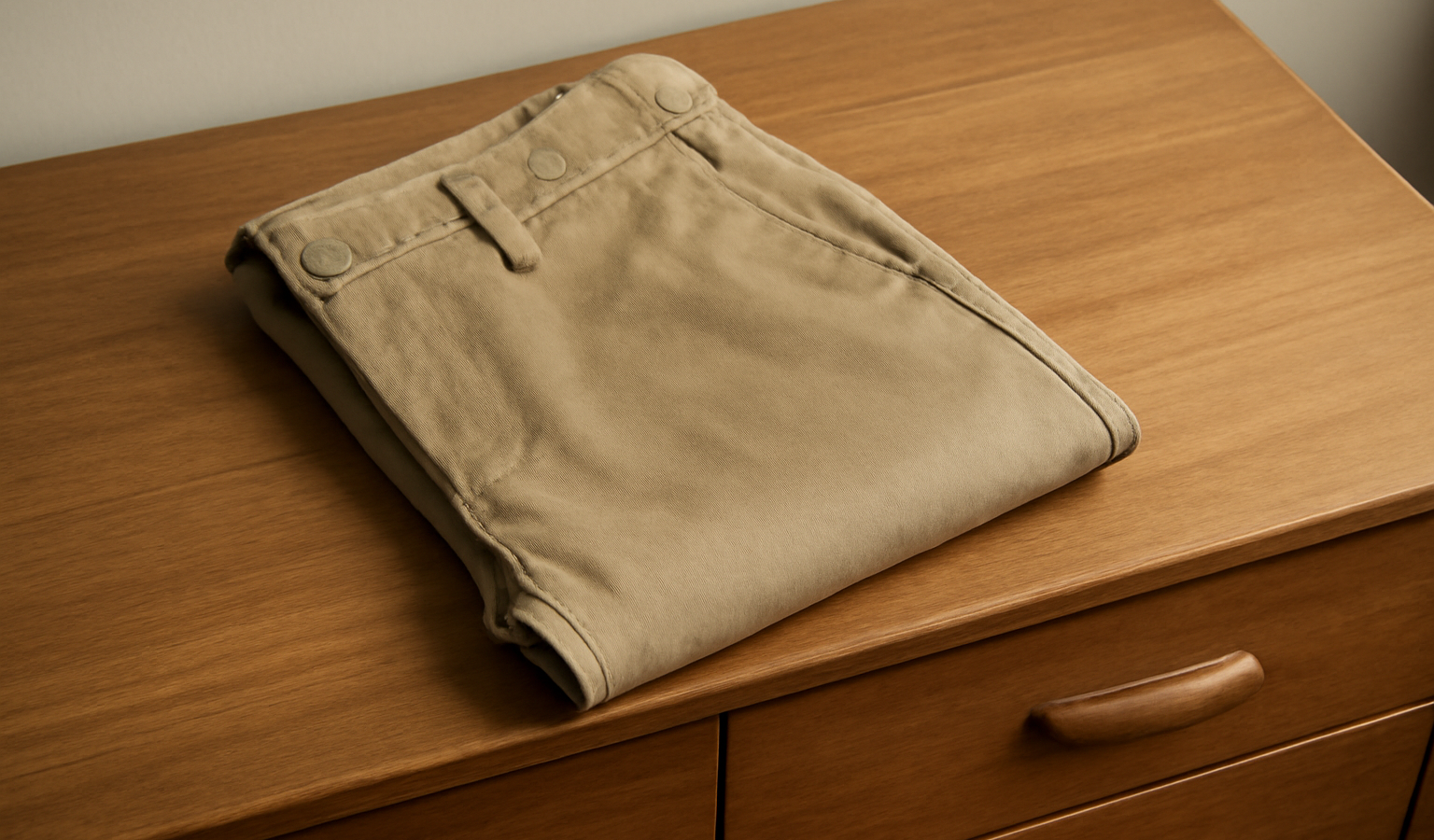 pantalon chino posé sur une commode en bois