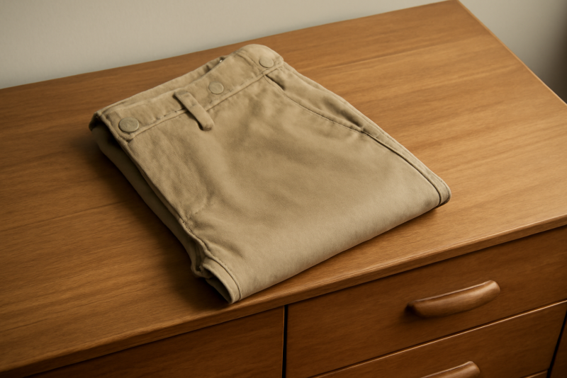 pantalon chino posé sur une commode en bois