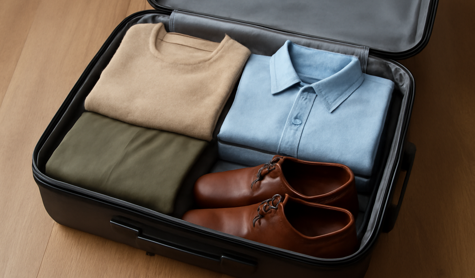 valise ouverte avec tenues pliées et chaussures