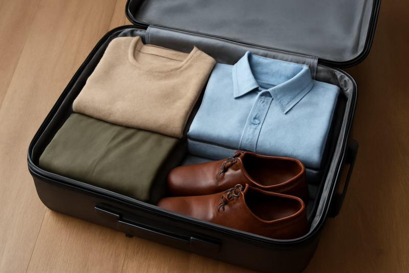valise ouverte avec tenues pliées et chaussures