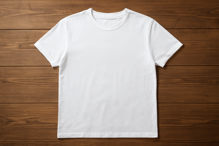 t-shirt minimal posé sur table en bois