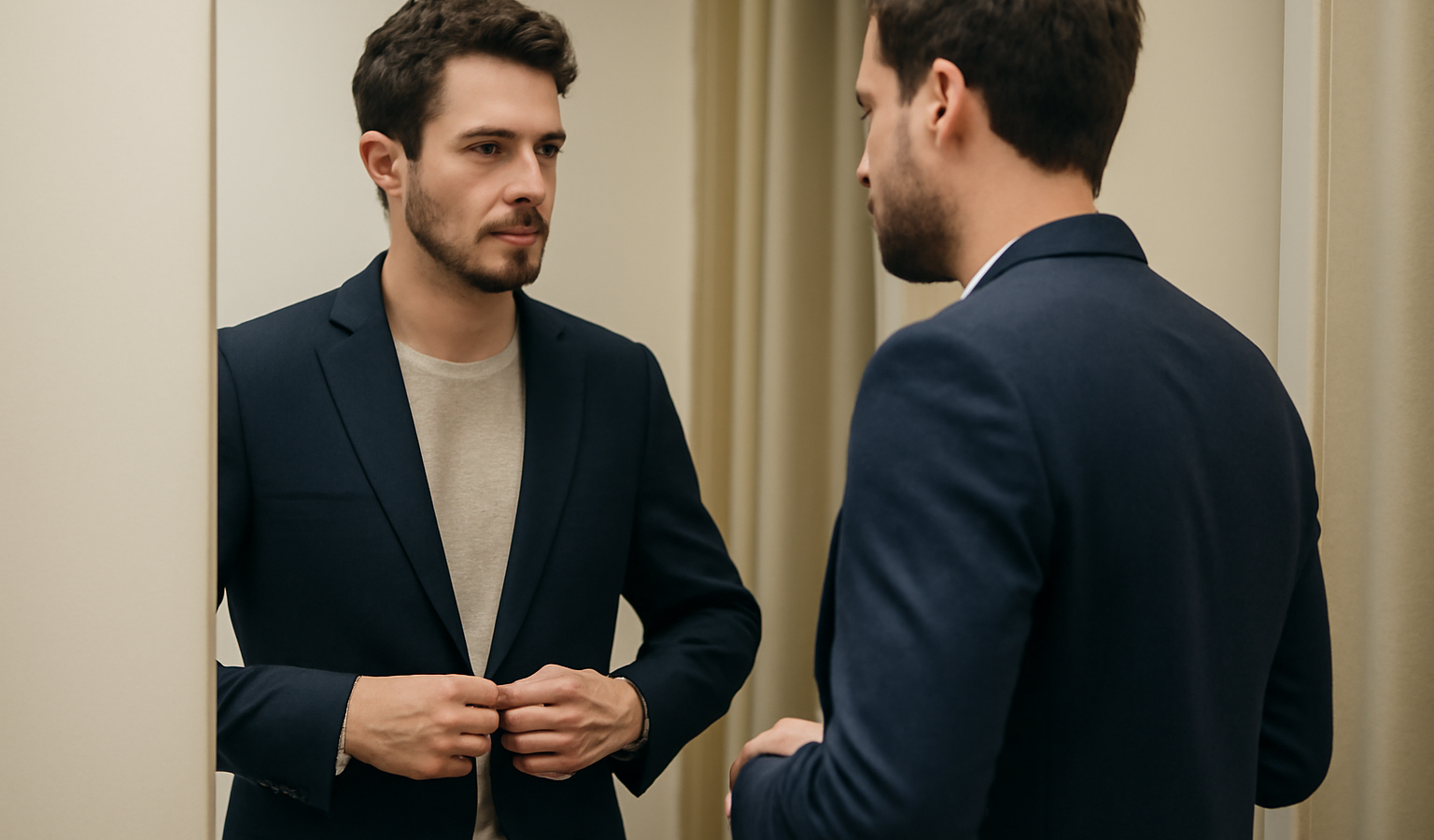 homme essayant un blazer devant miroir
