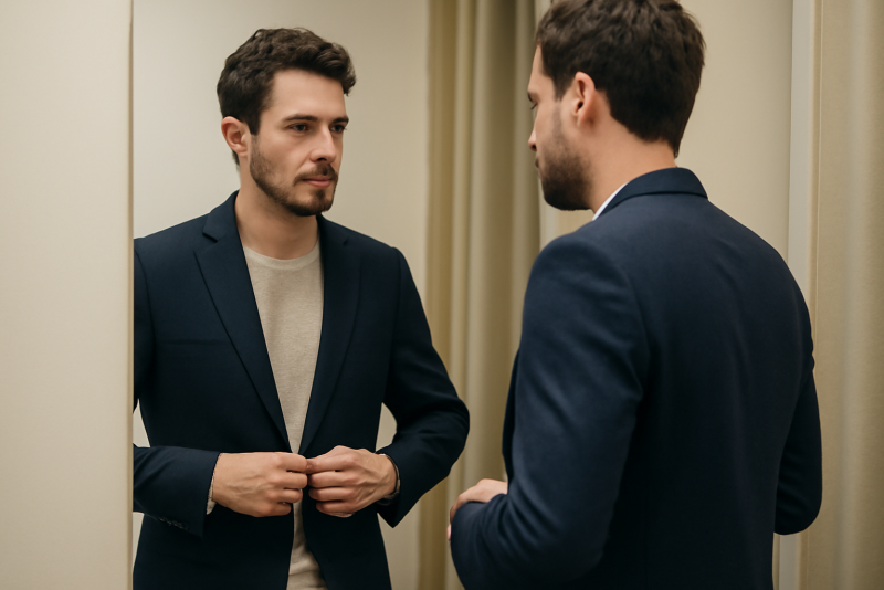 homme essayant un blazer devant miroir