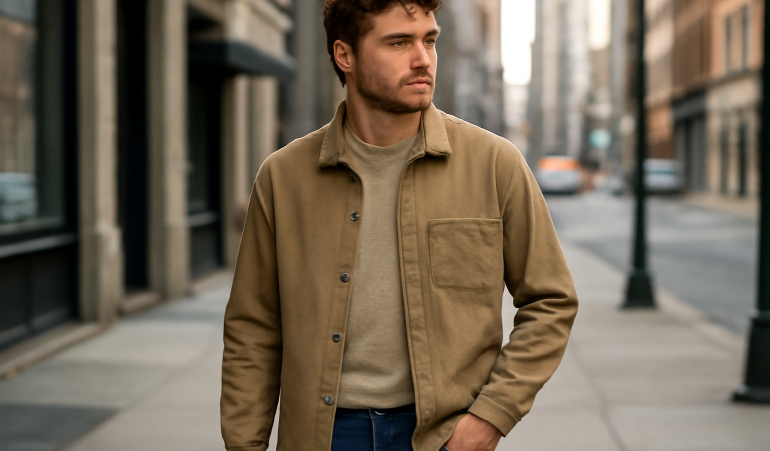 homme portant surchemise legere en ville