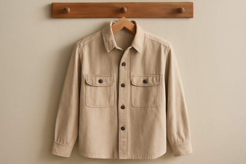 surchemise posée sur un porte-manteau bois