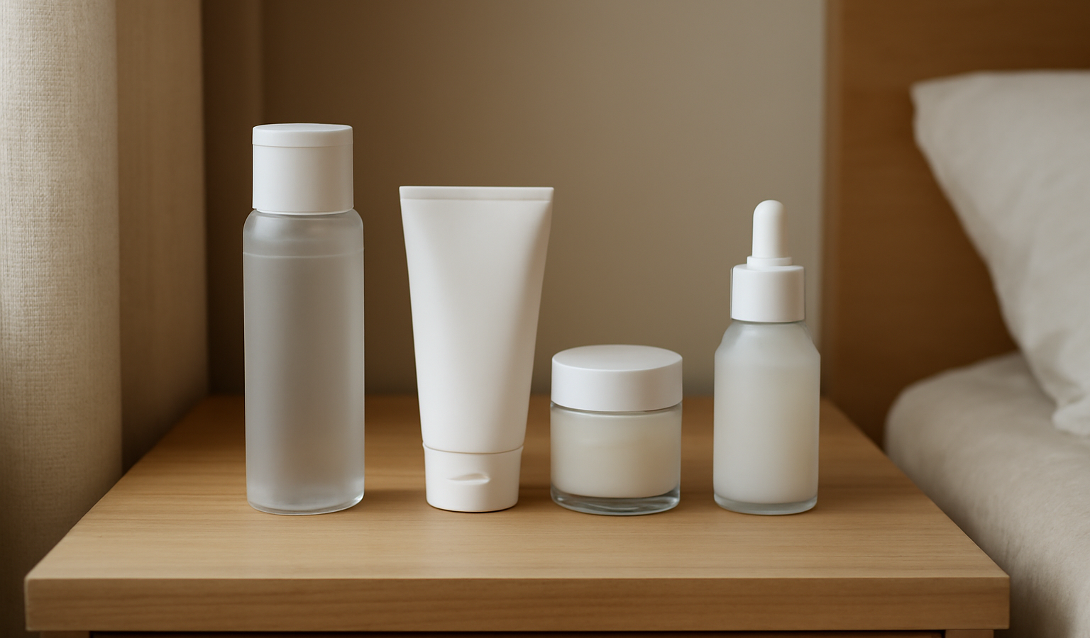 produits visage alignés sur table de chevet