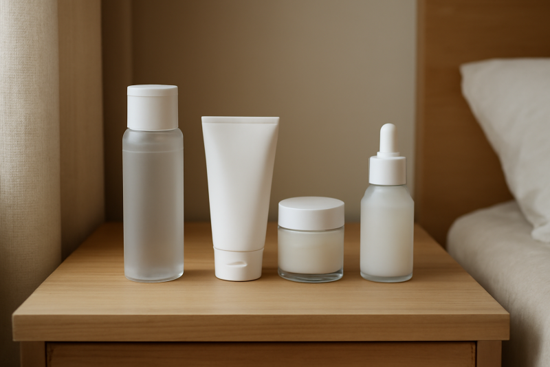 produits visage alignés sur table de chevet
