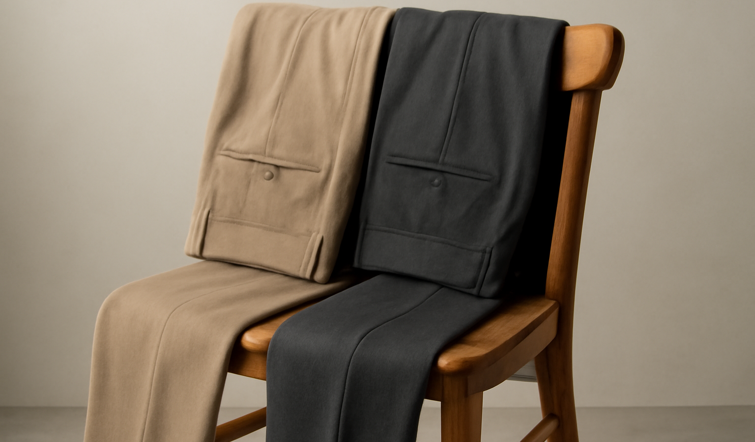 deux pantalons poses cote a cote sur chaise