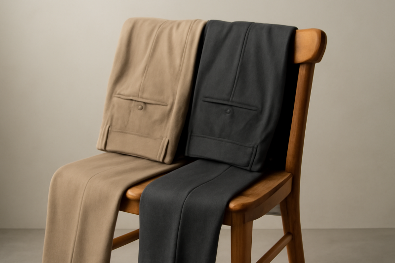 deux pantalons poses cote a cote sur chaise