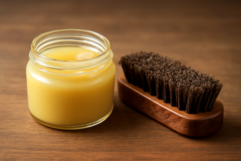 bocal de cire et brosse à cirer côte à côte