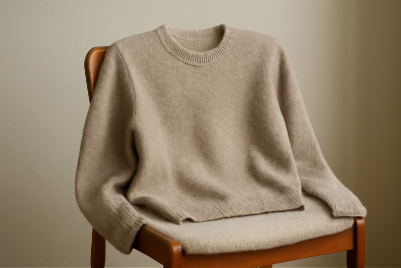 pull posé sur chaise en laine neutre