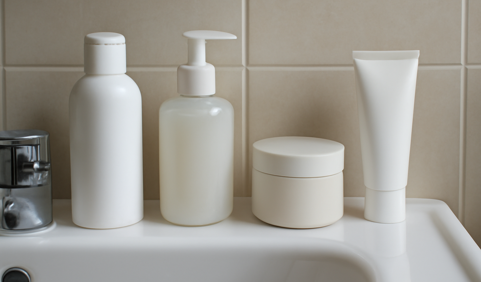 flacons de soin alignes sur lavabo