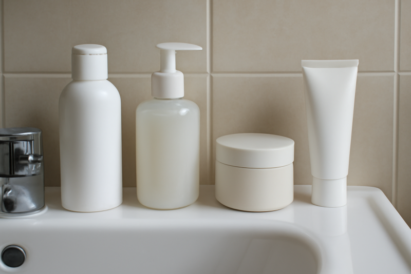 flacons de soin alignes sur lavabo