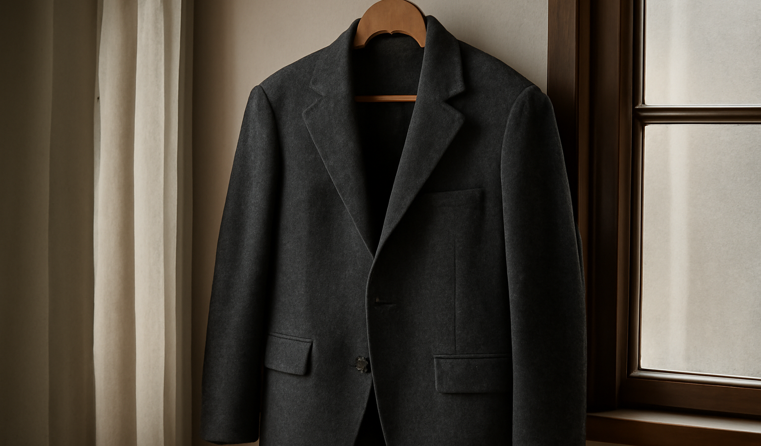 veste en laine suspendue près d'une fenêtre