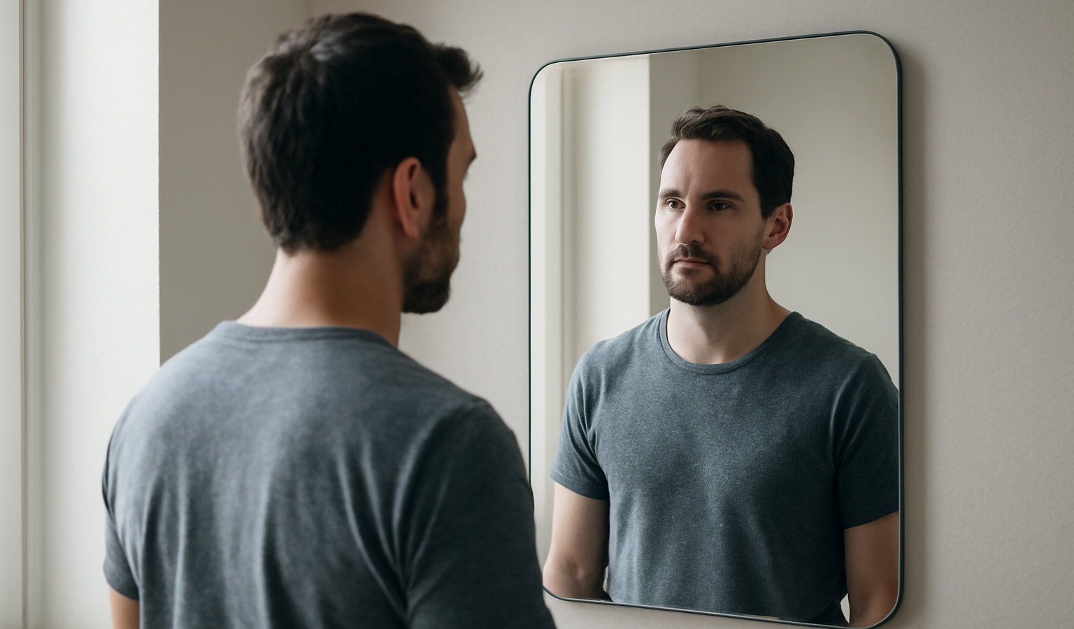 homme debout devant miroir dans coin clair