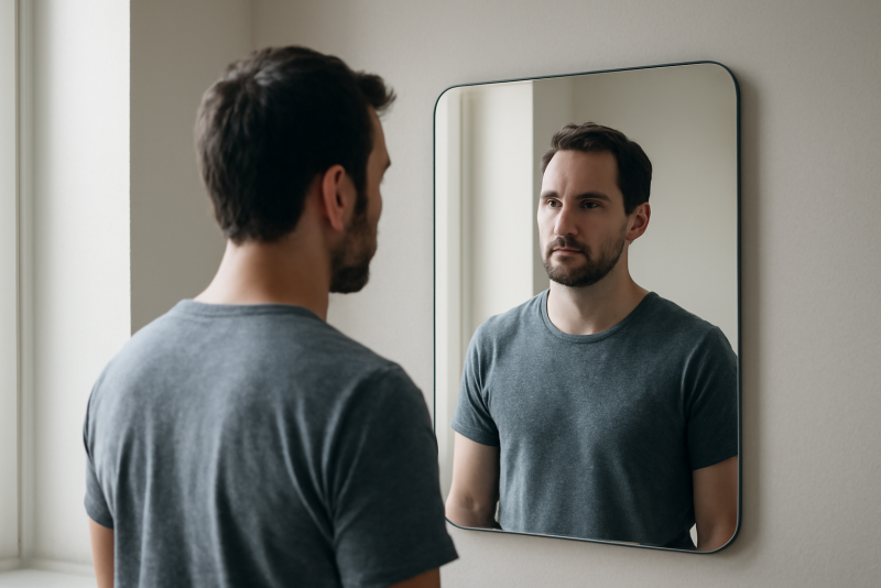 homme debout devant miroir dans coin clair