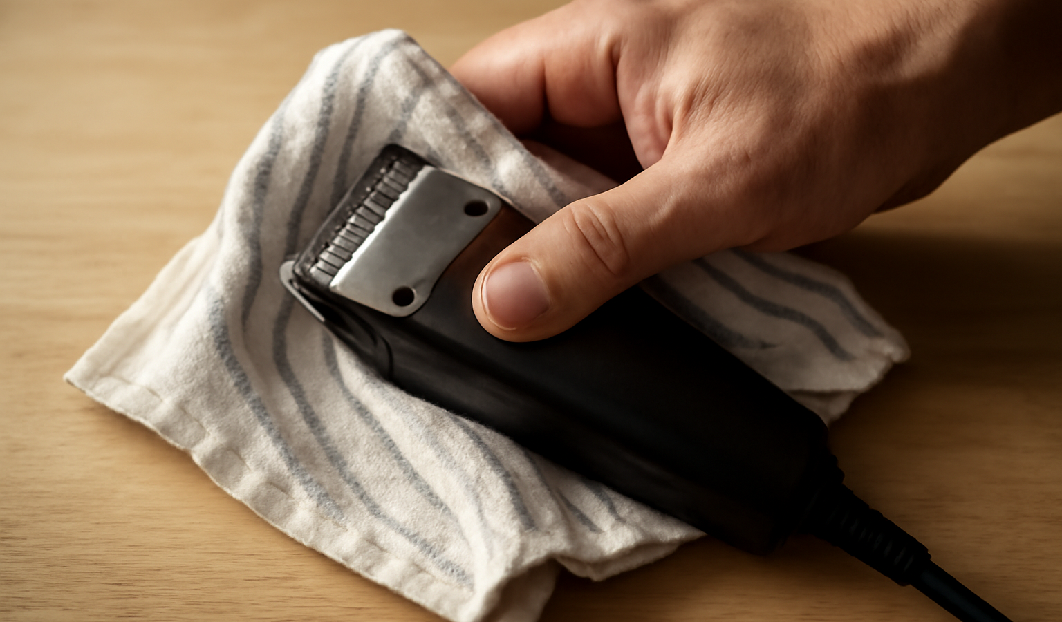 main nettoyant une tondeuse sur un torchon