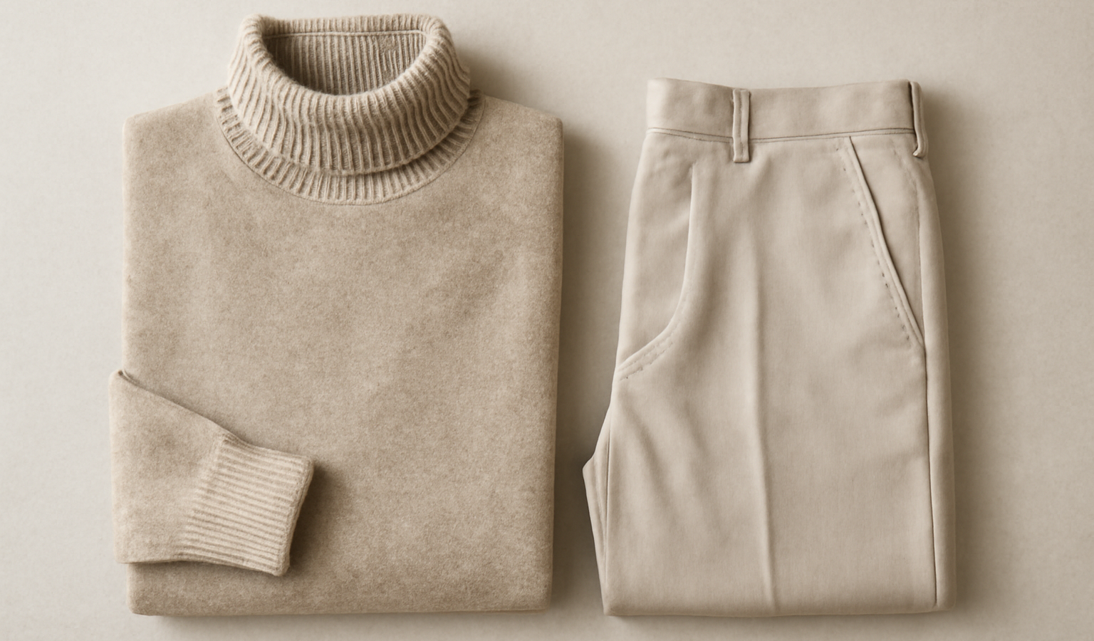 pull col roule et pantalon neutre plies ensemble