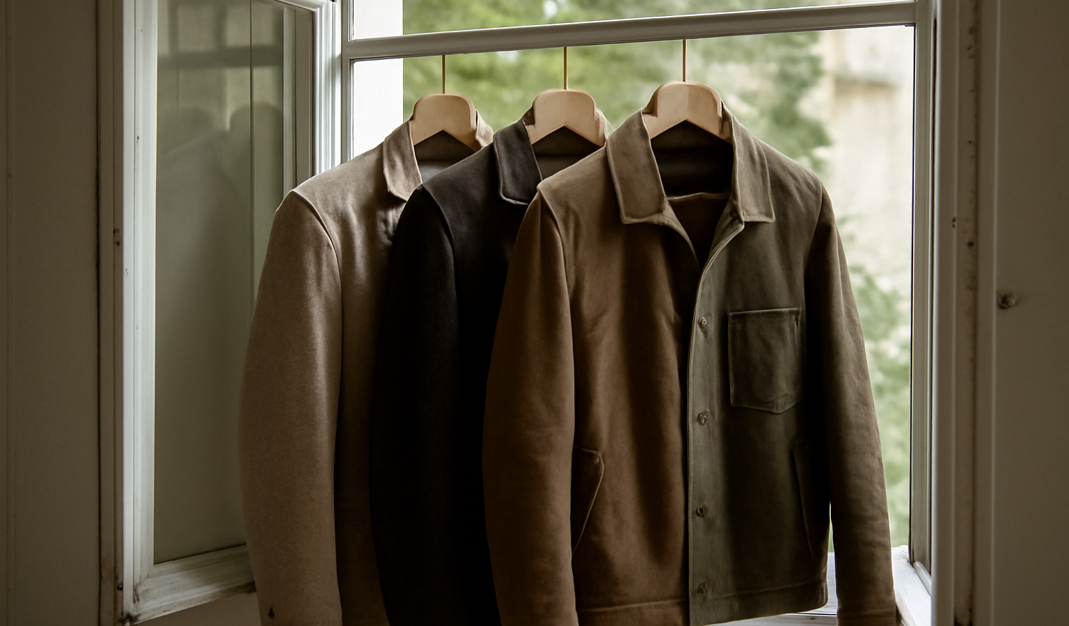 vestes suspendues devant une fenêtre ouverte