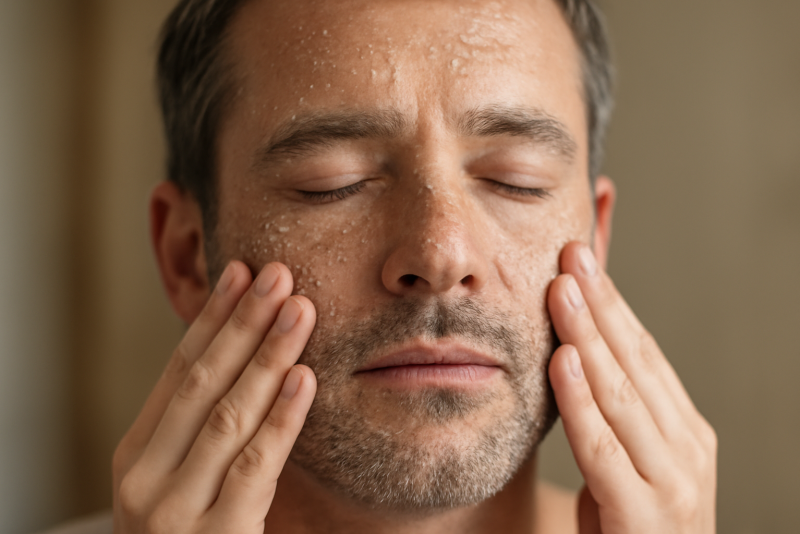 mains appliquant gommage sur visage masculin