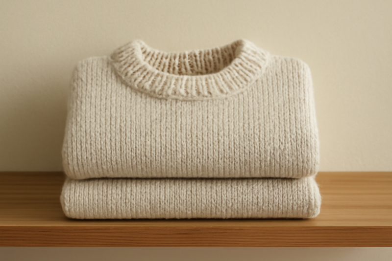 pull en laine plié sur une étagère