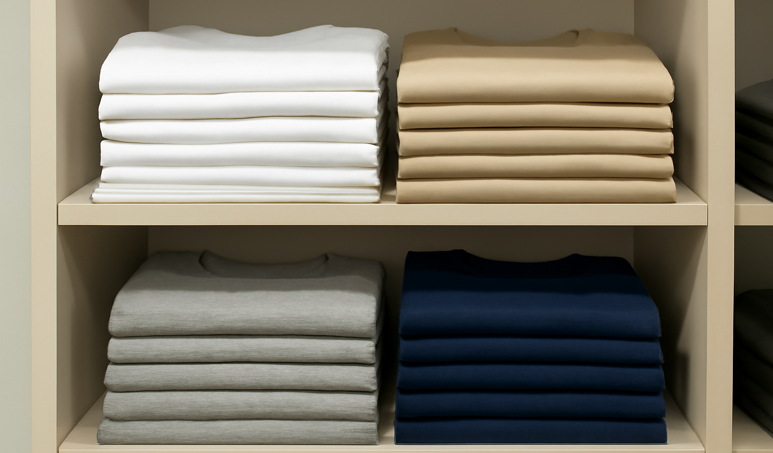 t-shirts empiles sur etagere magasin neutre