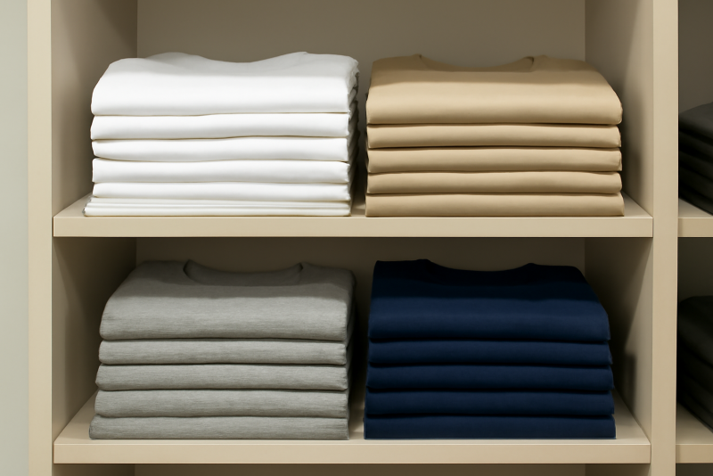 t-shirts empiles sur etagere magasin neutre