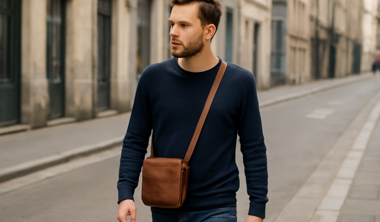 homme avec petit sac en cuir dans rue