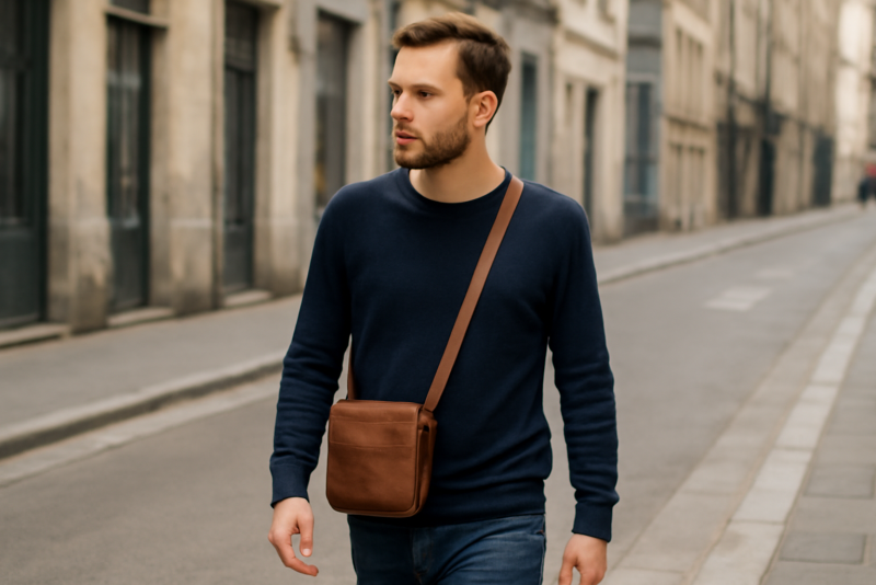 homme avec petit sac en cuir dans rue