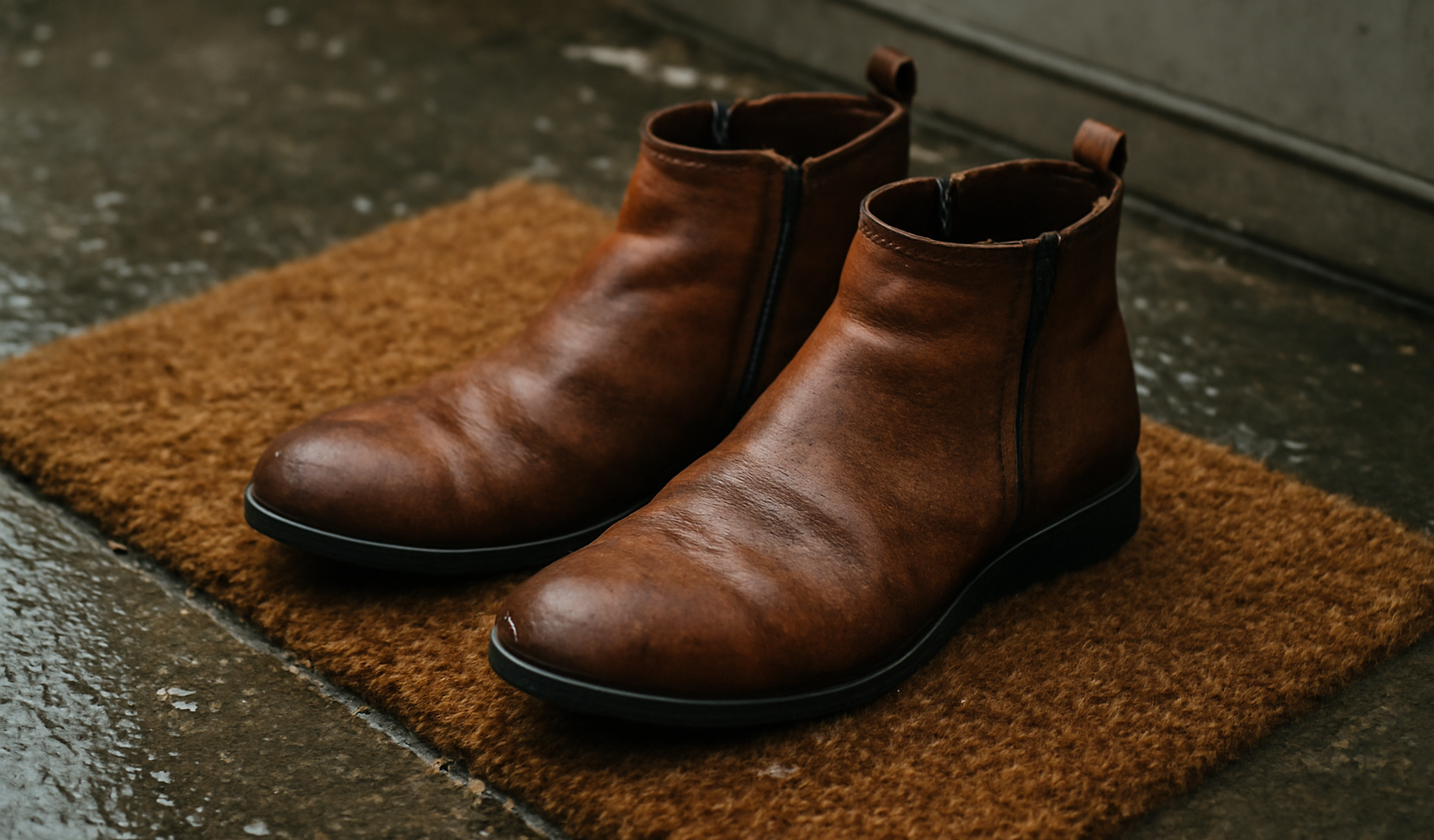 paire de bottines sur paillasson humide