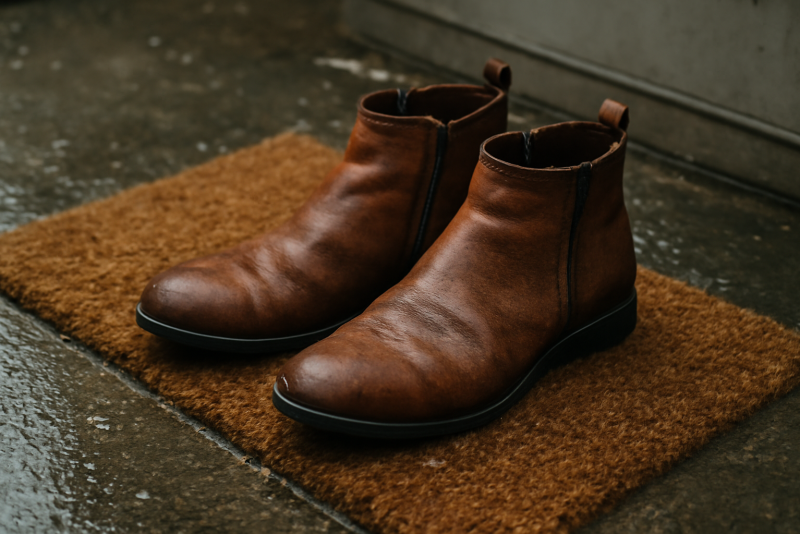 paire de bottines sur paillasson humide