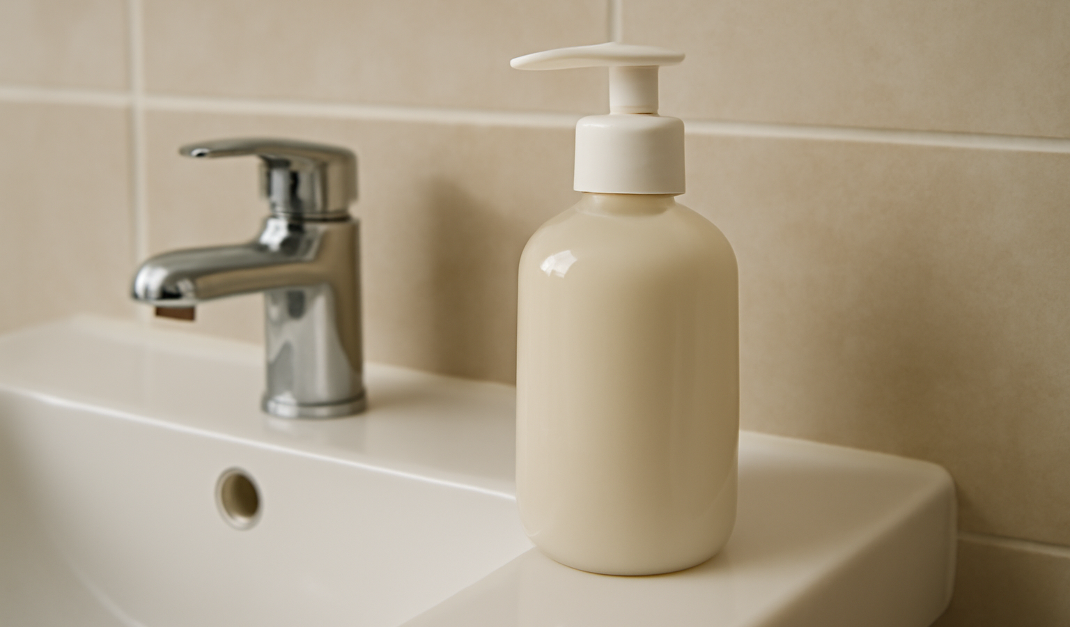 flacon de lotion posé près d'un lavabo