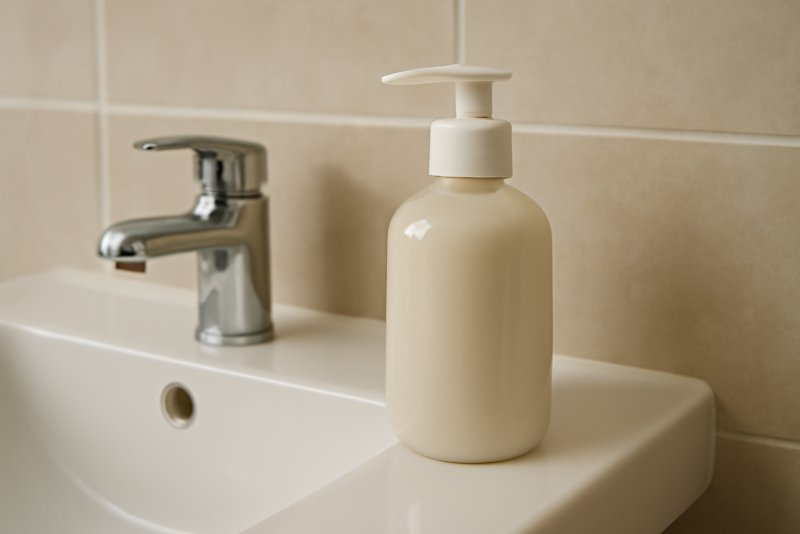 flacon de lotion posé près d'un lavabo