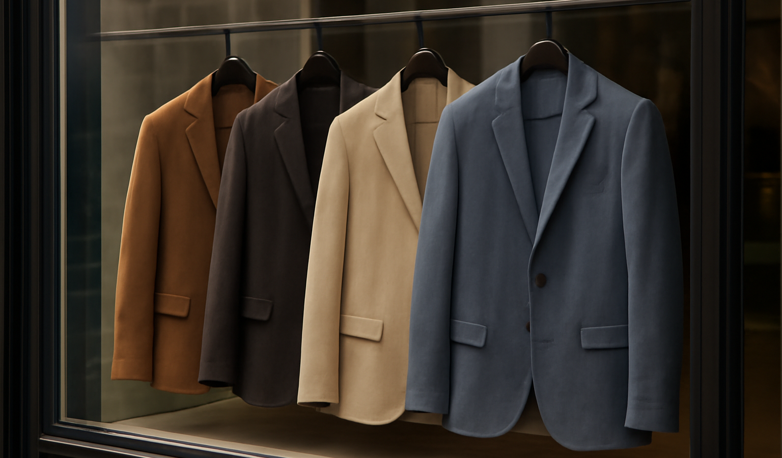 vitrine avec vestes suspendues sur cintres