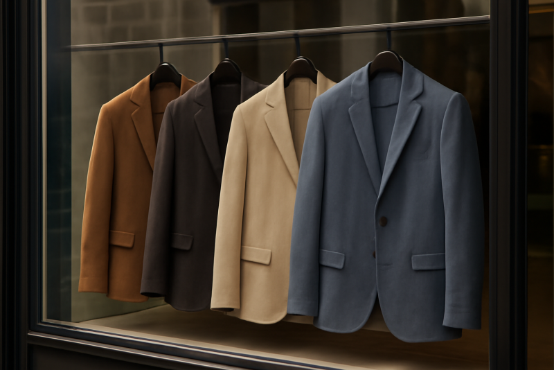 vitrine avec vestes suspendues sur cintres
