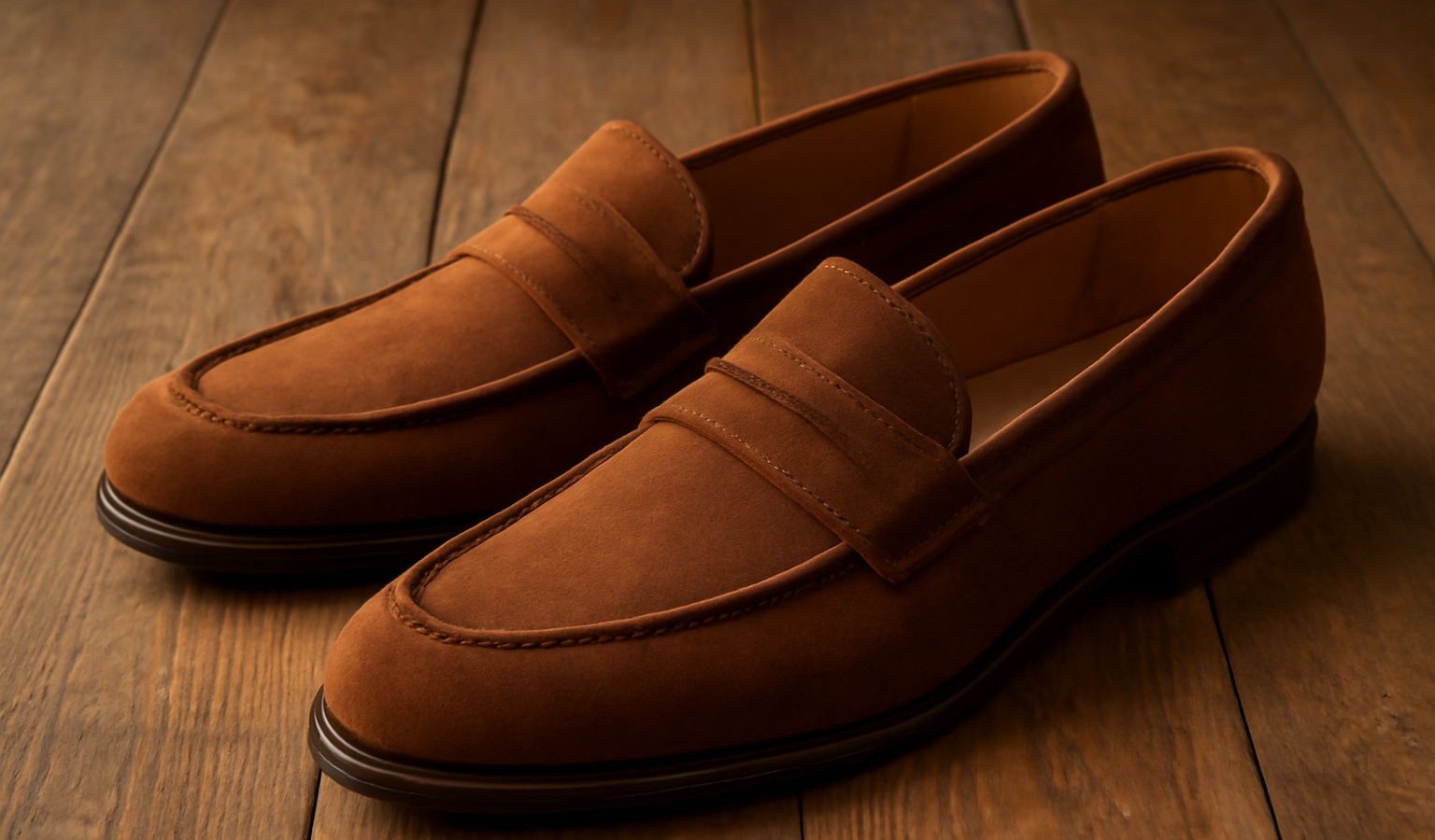 paire de mocassins posée sur plancher en bois