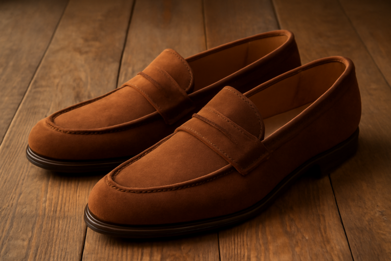 paire de mocassins posée sur plancher en bois
