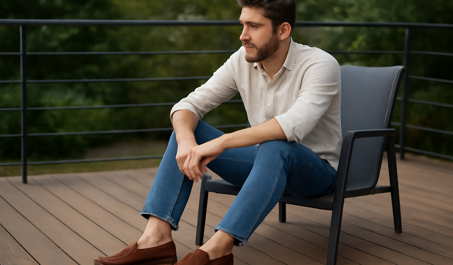 homme assis portant mocassins sur terrasse