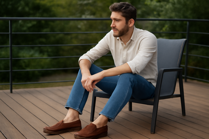 homme assis portant mocassins sur terrasse