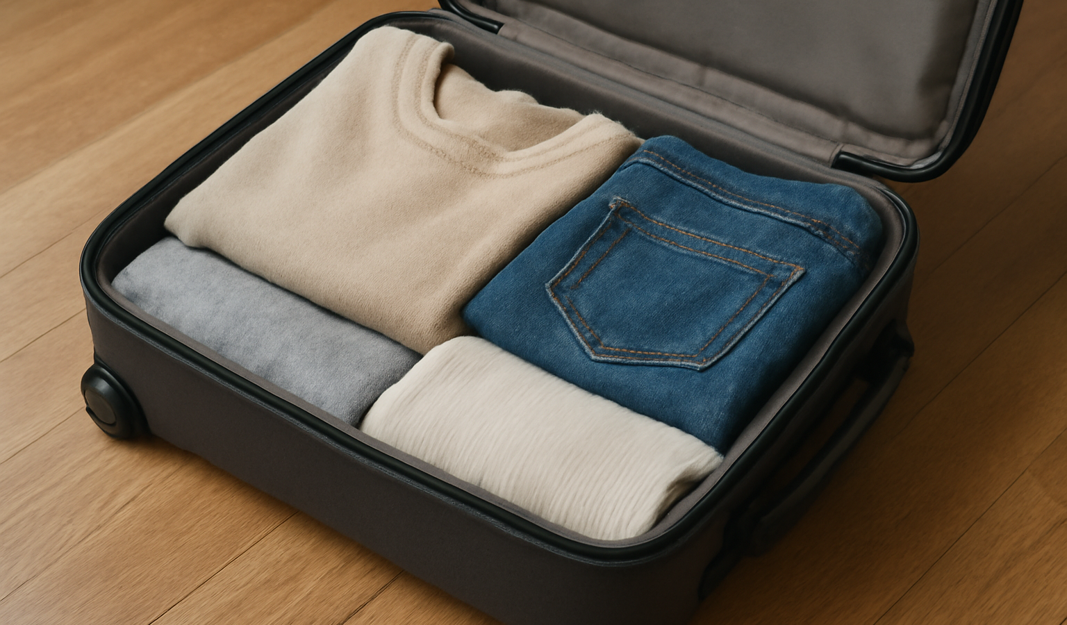 valise compacte ouverte avec vêtements pliés