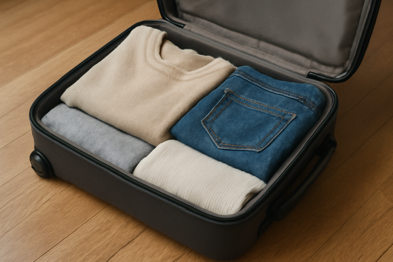 valise compacte ouverte avec vêtements pliés
