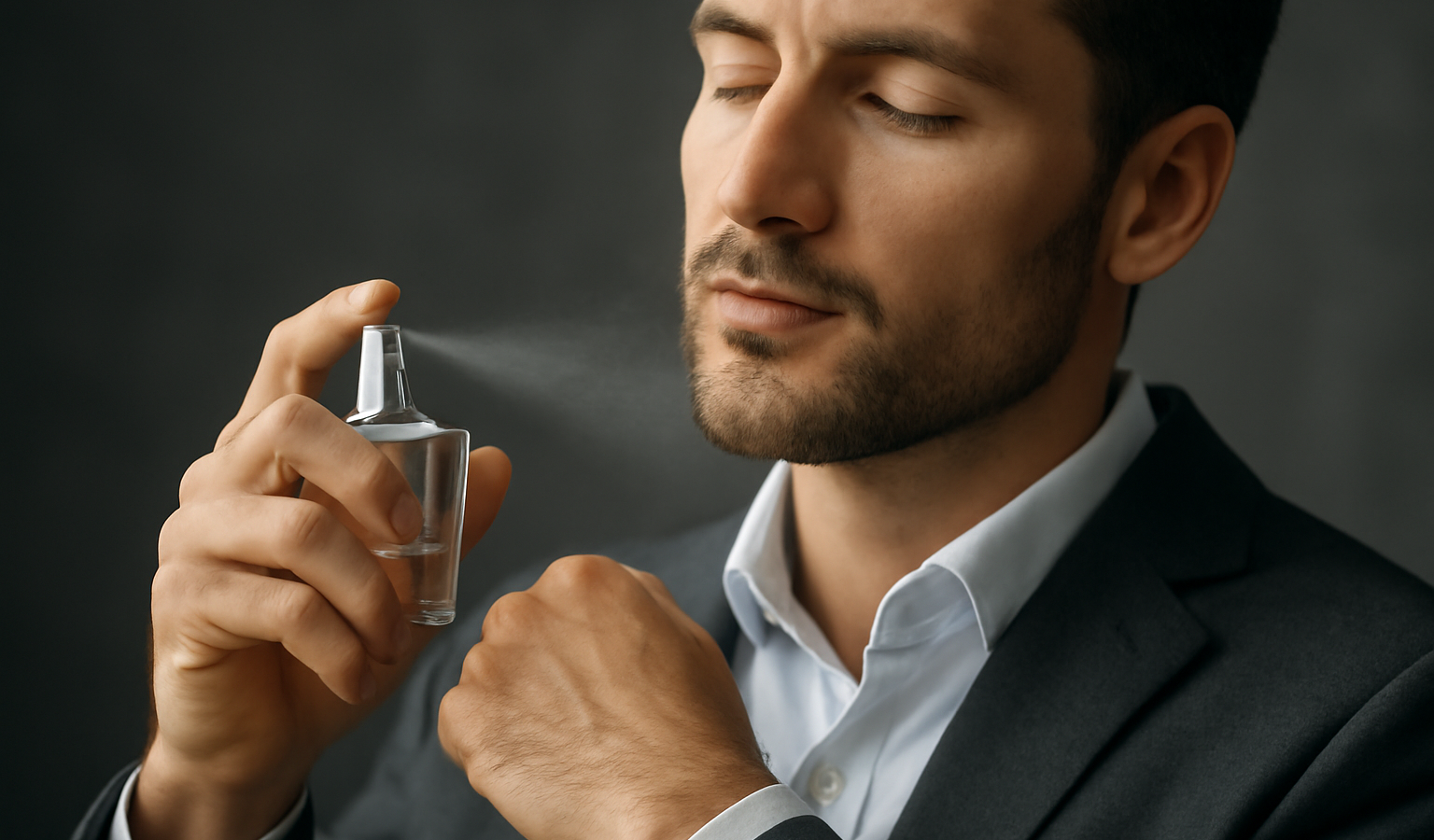 homme vaporisant parfum sur poignets pres cou