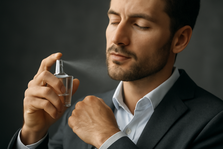 homme vaporisant parfum sur poignets pres cou