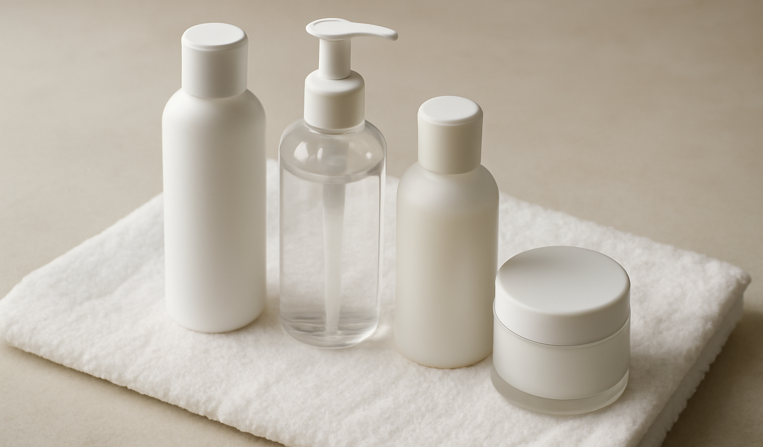bouteilles de soins posees sur serviette