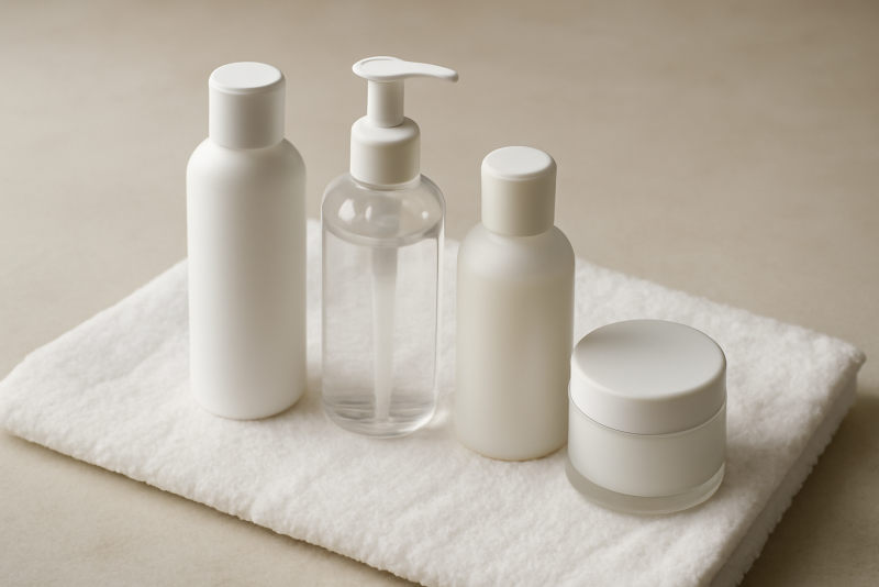 bouteilles de soins posees sur serviette