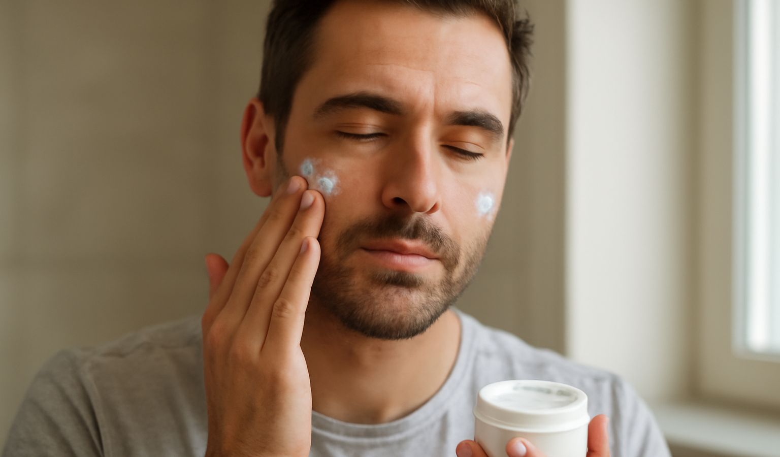 homme appliquant une crème visage matin