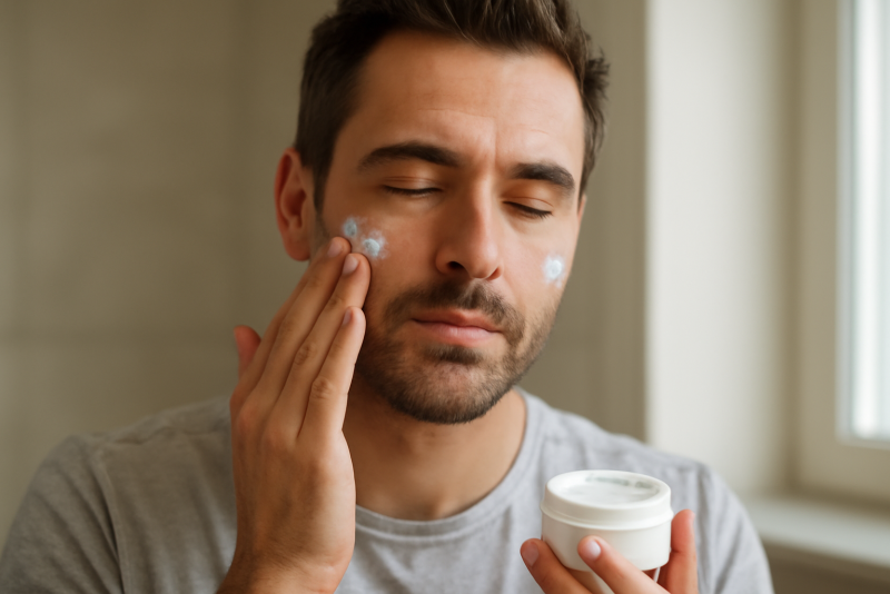 homme appliquant une crème visage matin