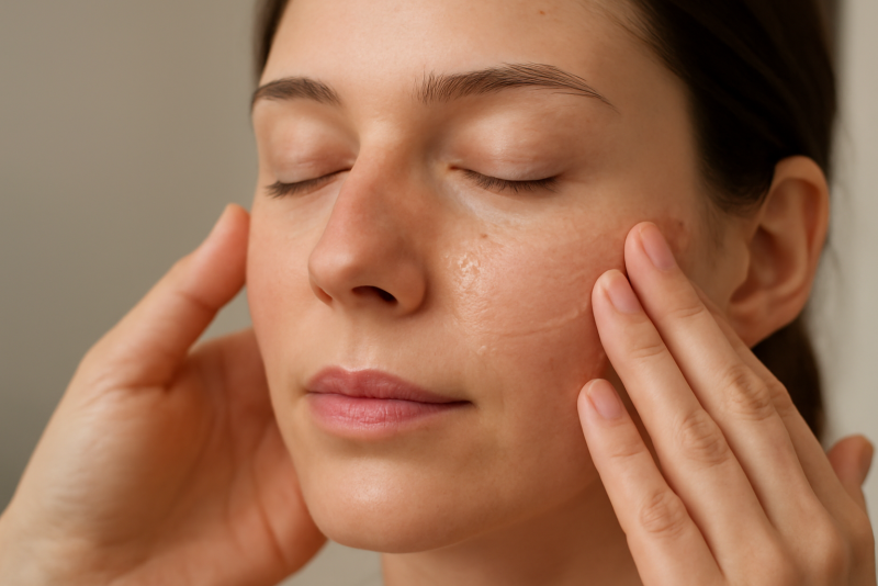 mains appliquant gel apaisant sur visage