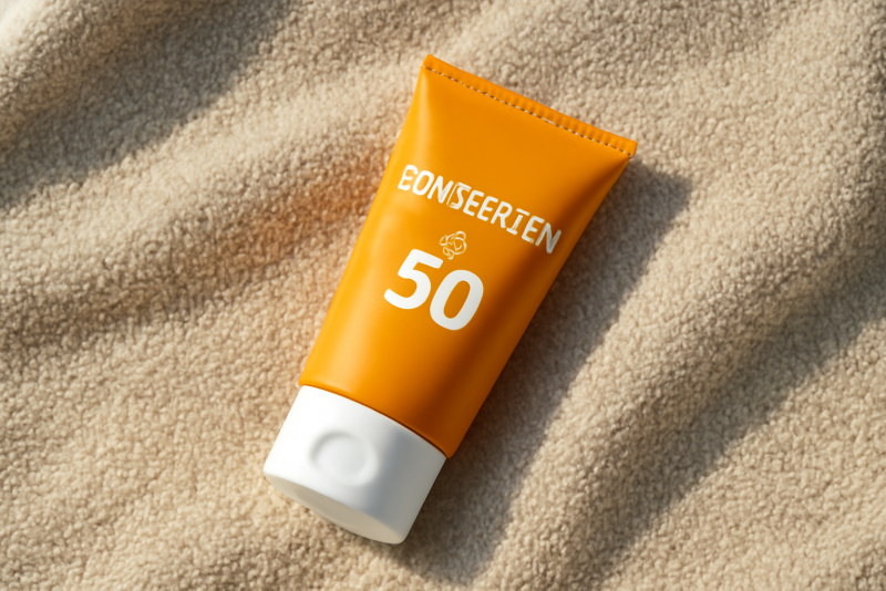 tube de protection solaire posé sur une serviette